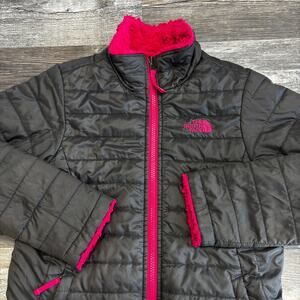 The North Face Mossbud Swirl Gray Pink Girl L Zip Up Insulated Reversible Jacket